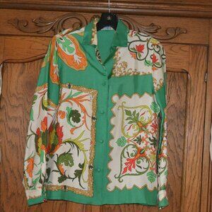 Vintage 1960s Emilio Pucci 100% Silk Blouse Green Orange Size 10 -XS SMALL/SMALL